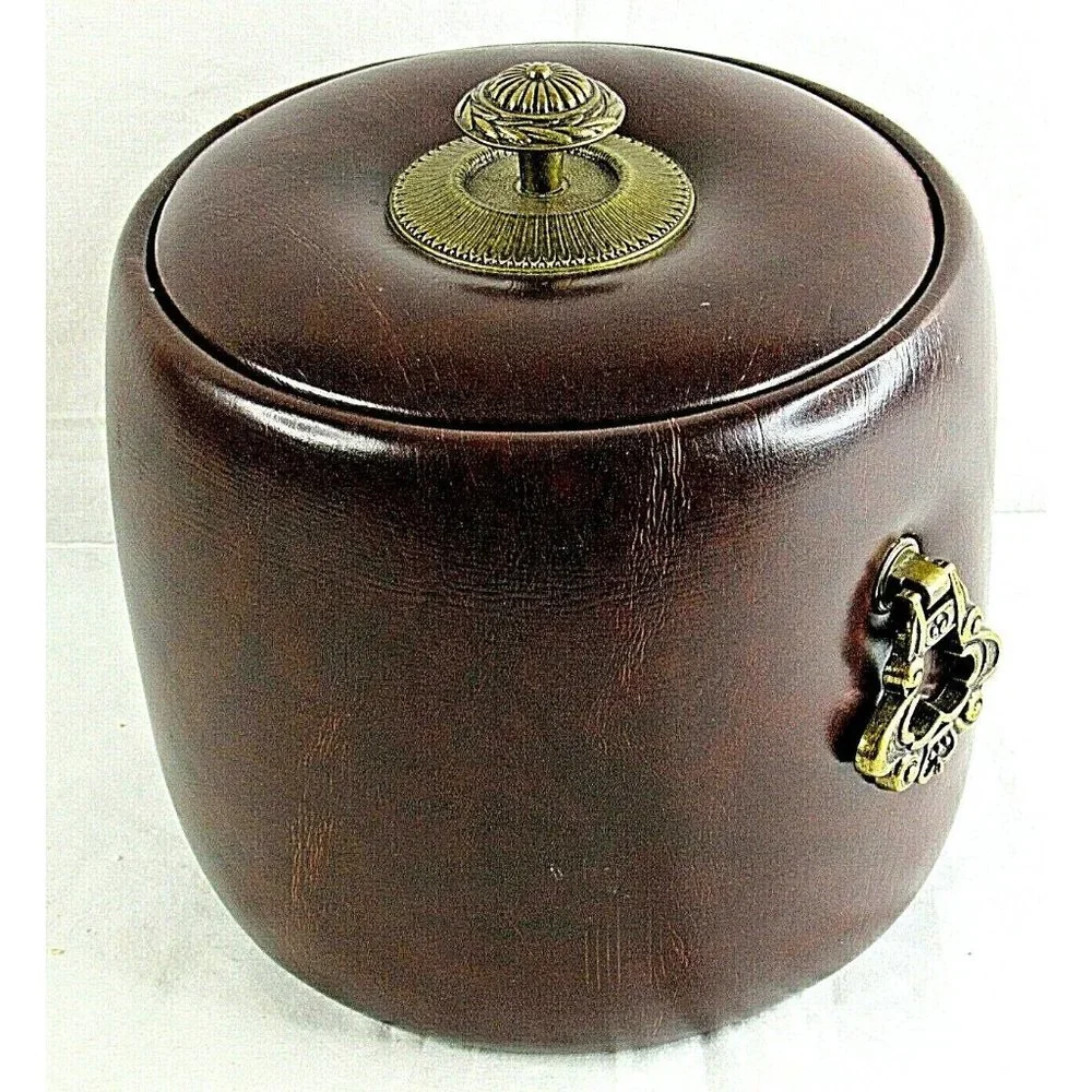 Vintage Ice Bucket Faux Leather Brown Oakridge Country Club Rare 1977 Elmar Mfg